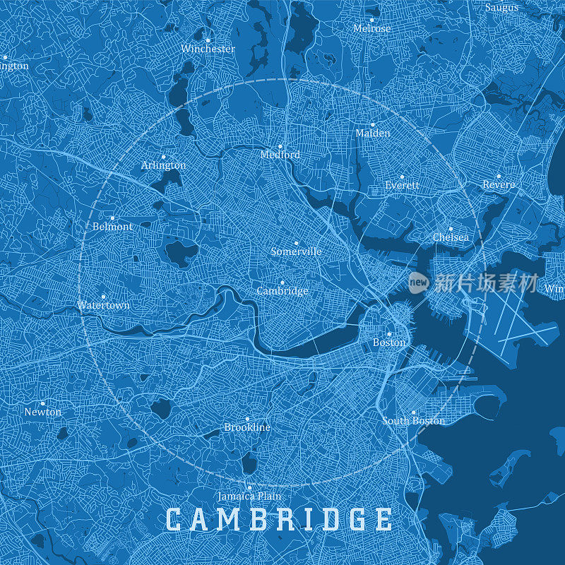 剑桥MA城市矢量路线图蓝色文本