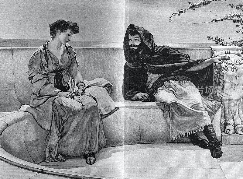 一对年轻夫妇坐在石凳上聊天，用的是古典希腊语