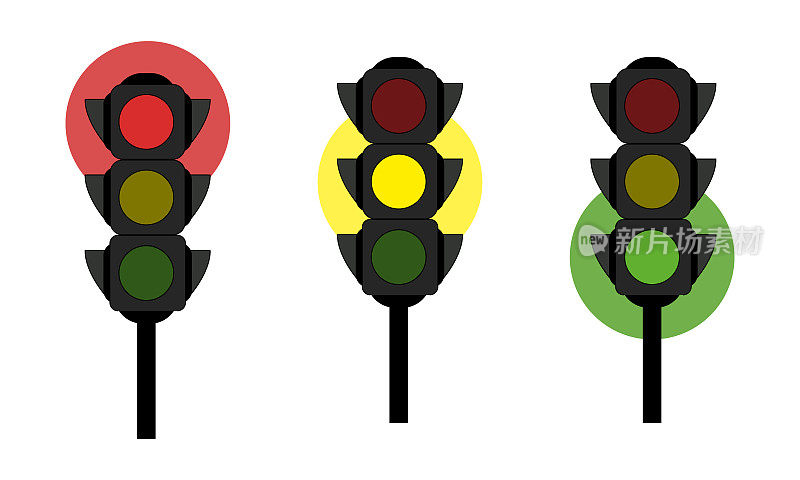 简单的设置-交通灯插图。带有颜色和亮灯的平坦交通灯。信号符号和符号