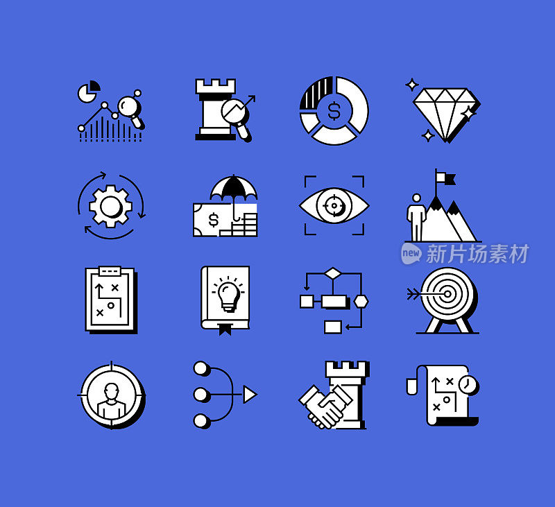 与业务策略相关的图标向量集合。现代风格符号向量插图