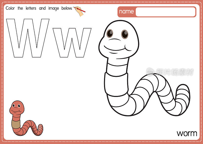 矢量插图的儿童字母着色书页与概述剪贴画，以颜色。字母W代表蠕虫。