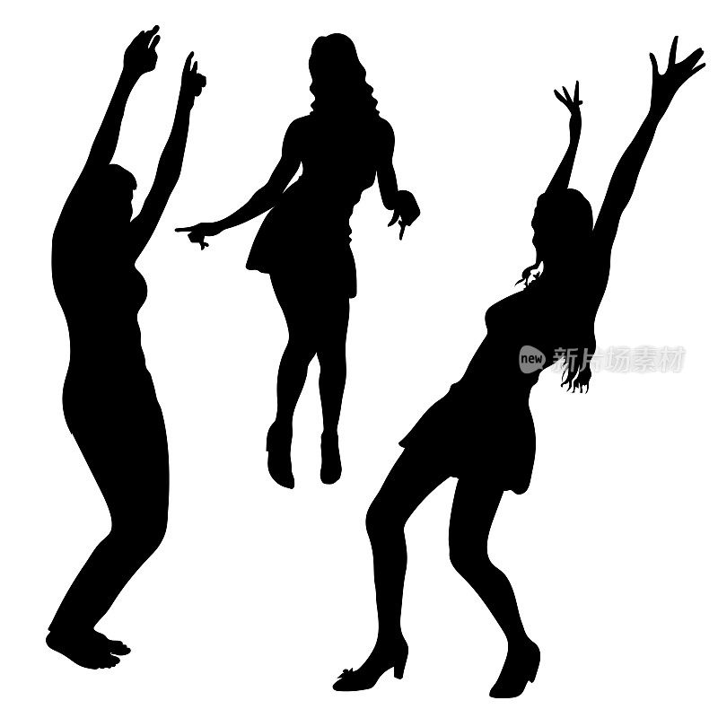 三个年轻女孩在迪斯科舞厅的剪影。女性舞蹈人物，一群妇女在跳舞。