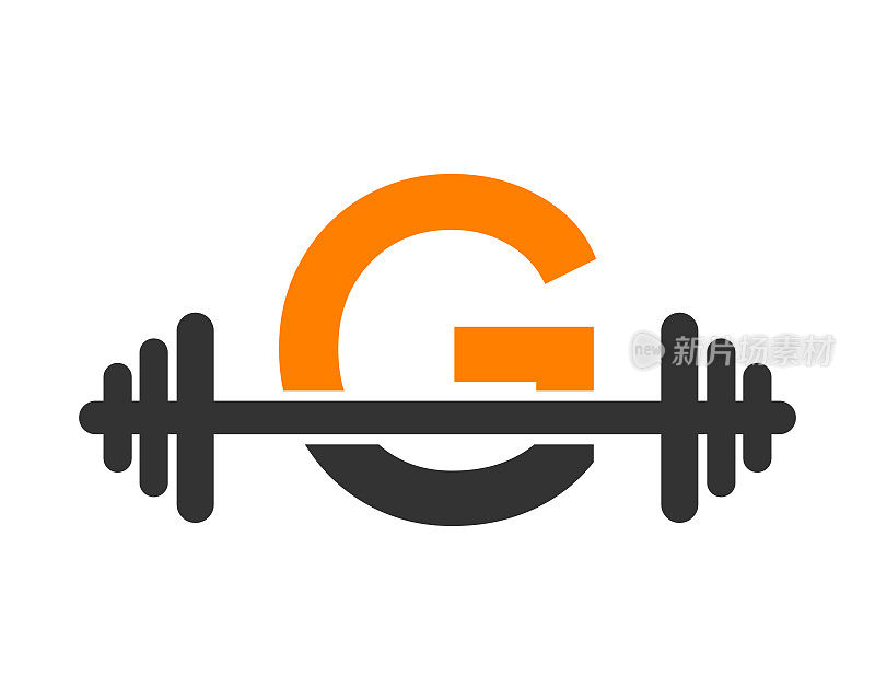 字母G标志上的健身馆标志。健身房和健身初始字母字母G标志模板杠铃壶铃标志
