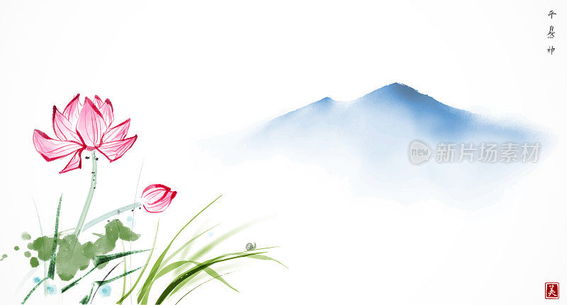 风景与荷花和雾蓝山。传统东方水墨画梅花、梅花、梅花。象形文字-精神，自然，和平，美丽
