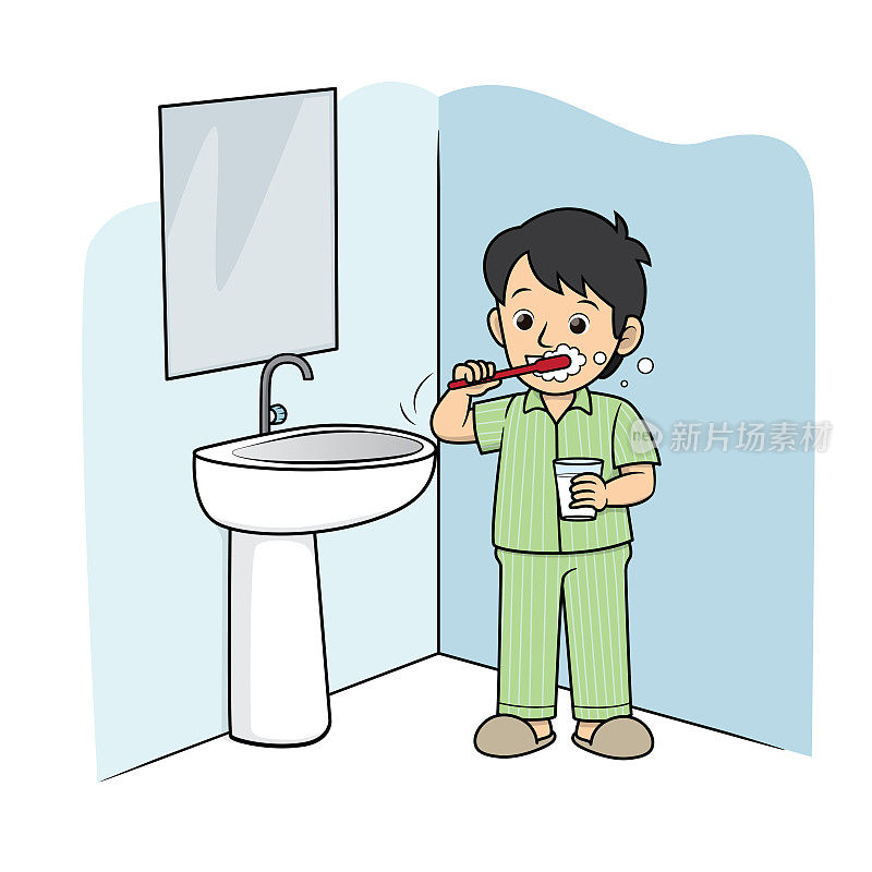 向量插图的孩子的活动着色书页与一个孩子刷牙的图片。