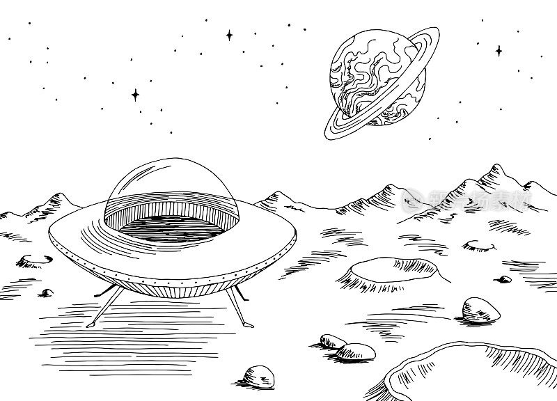 外星行星图形不明飞行物飞行物太空船降落黑色白色空间风景素描插图矢量