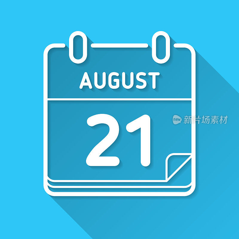 8月21日。图标在蓝色背景-平面设计与长阴影