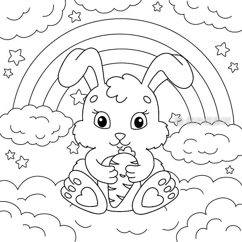 一只可爱的兔子用爪子抓着胡萝卜。儿童涂色书页。卡通风格。矢量插图孤立在白色背景上。