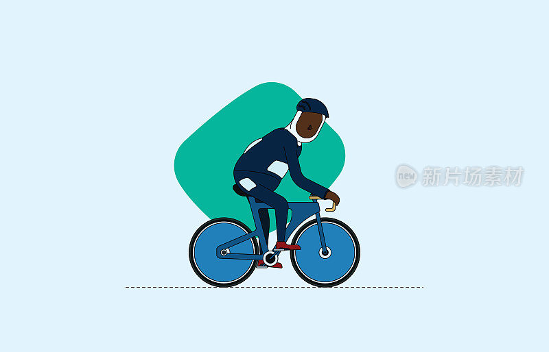 戴头巾的职业女运动员参加国际室内自行车比赛。色彩丰富的插图与充满活力的浅蓝色和蓝绿色背景。