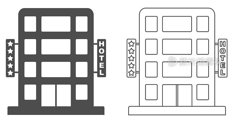 酒店，黑色复古酒店图标孤立在白色背景上。向量,卡通插图。向量。