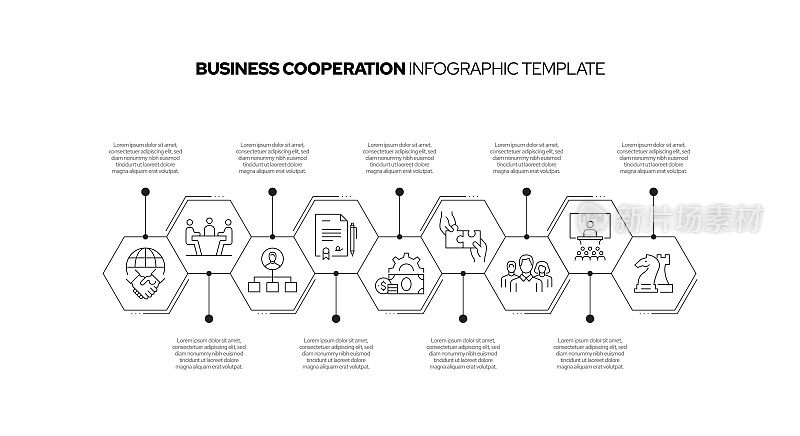 商业合作概念矢量线信息图形设计图标。9选项或步骤的介绍，横幅，工作流程布局，流程图等。