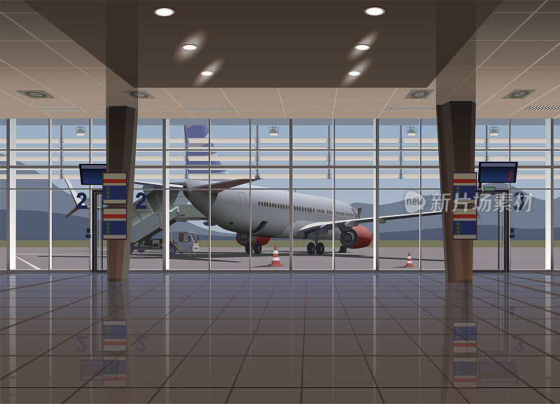 机场候机楼的大厅很大，窗外有一架正在降落的飞机。向量。