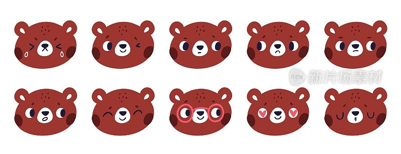 卡通熊表情符号贴纸。有趣的动物角色。棕色的泰迪。不同的情绪。森林里居住。野生动物的脸。积极或消极的情绪。矢量灰熊枪口设置