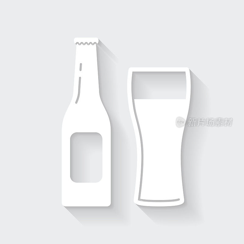 一瓶和一杯啤酒。图标与空白背景上的长阴影-平面设计