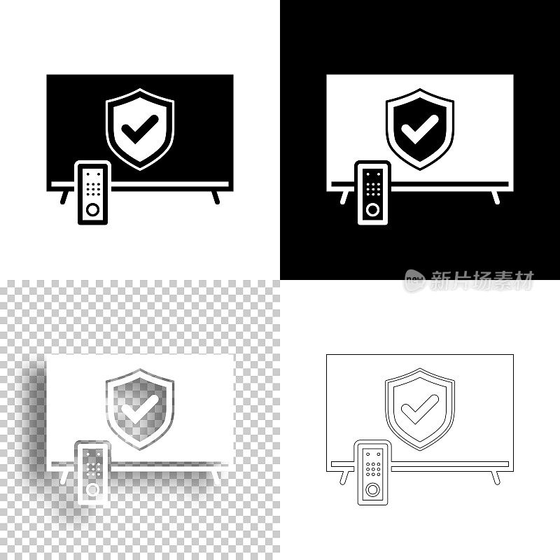 安全的电视。图标设计。空白，白色和黑色背景-线图标