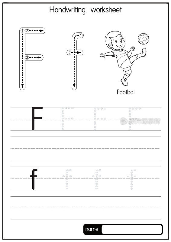 黑白矢量插图与字母F大写字母或大写字母的儿童学习练习ABC
