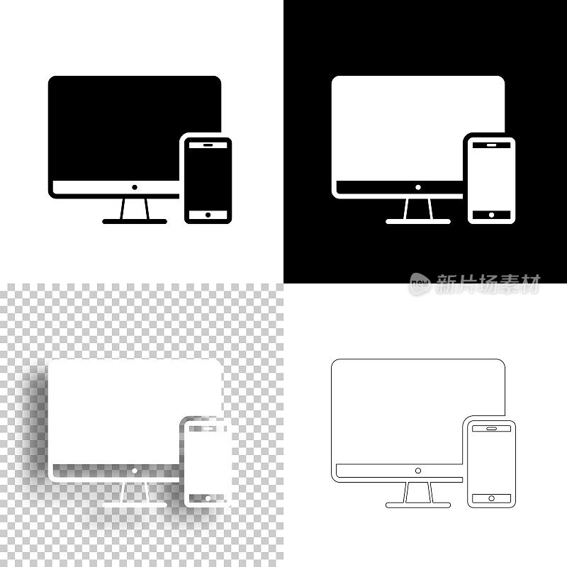 台式电脑和智能手机。图标设计。空白，白色和黑色背景-线图标