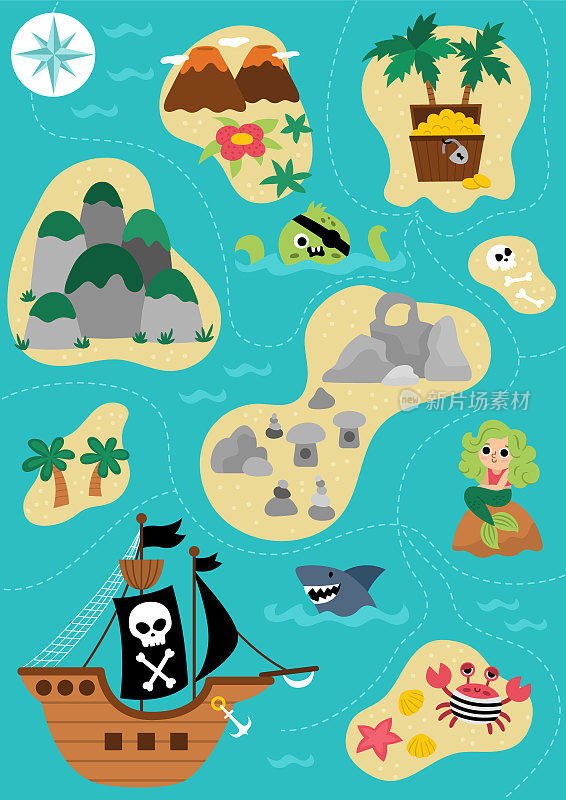 矢量藏宝岛地图海盗船，美人鱼，章鱼。可爱的热带海岛，有沙子，棕榈树，火山，岩石，瀑布插图。金银岛图配宝箱，金币
