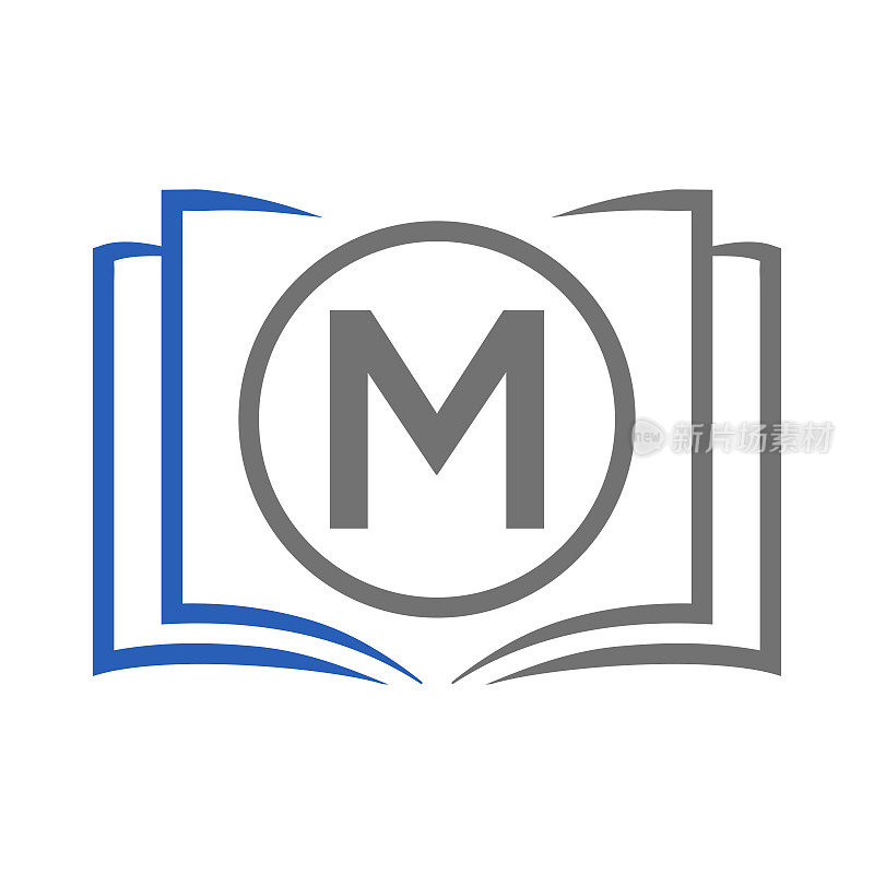 字母M模板上的教育标志。开卷标志上的M字母，最初的教育标志概念模板