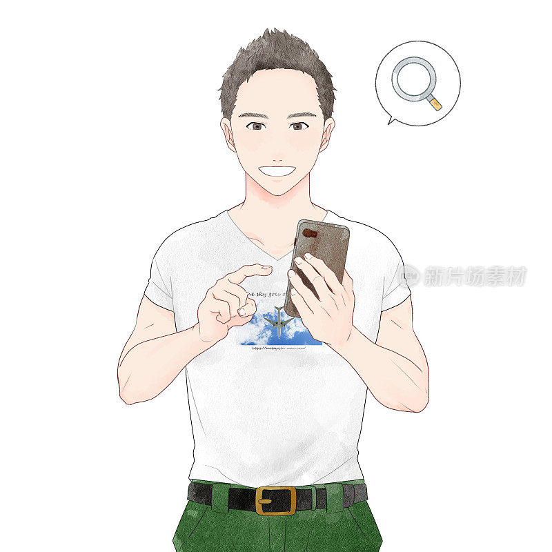一个男人操作智能手机的插图，水彩画触摸。