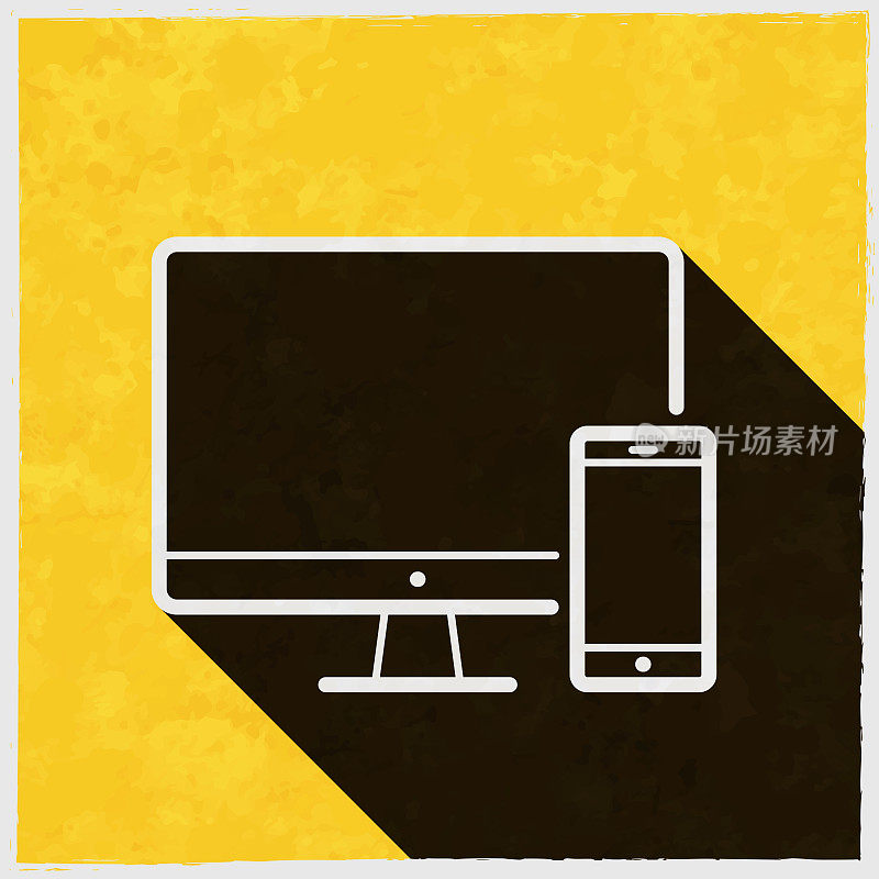 台式电脑和智能手机。图标与长阴影的纹理黄色背景