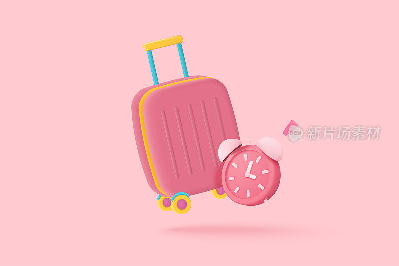 3d粉色行李箱，行李袋，机舱行李和闹钟。商务等待时间旅游与卡通概念，假期规划，旅游在假期。3d最小行李箱矢量渲染插图