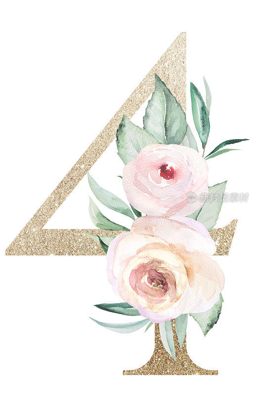 淡金色4号水彩玫瑰和叶子。粉彩花卉字母表