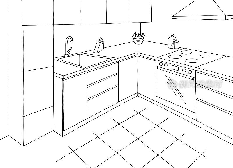 厨房房间图形黑白家室内草图插图矢量