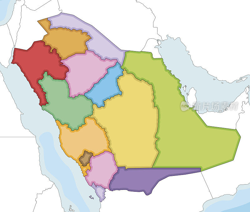 Vector在空白地图上标出了沙特阿拉伯的省份和行政区划，以及邻国。可编辑和明确标记层。