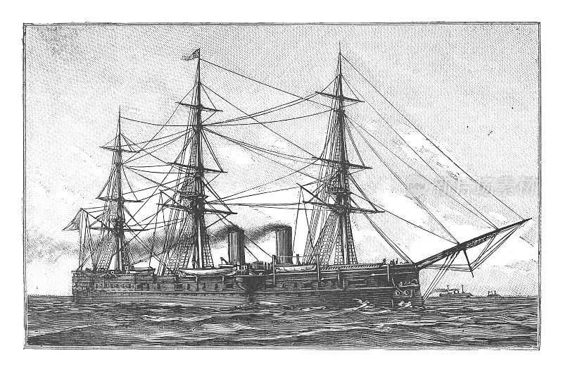 俄罗斯巡洋舰德米特里·顿斯科伊号(1885年)-古老的雕刻插图孤立在白色背景上