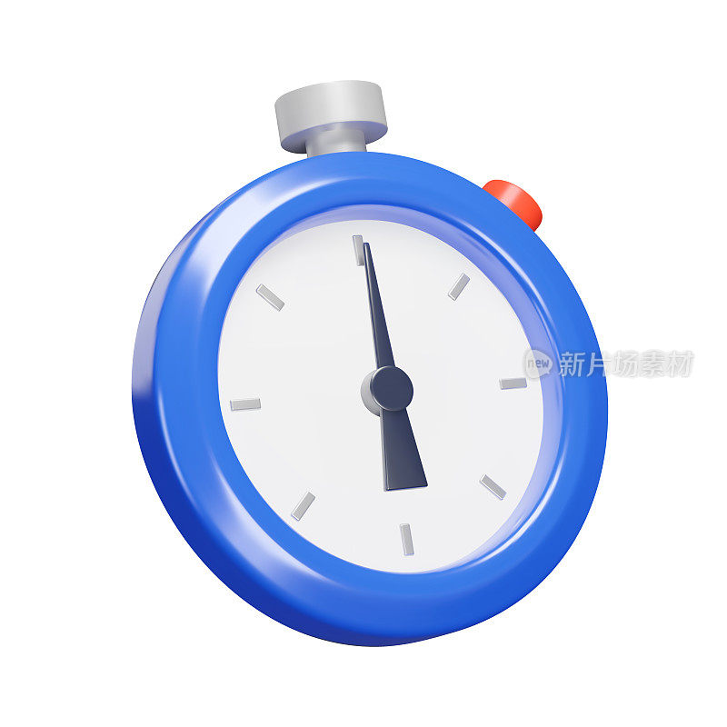 秒表3d图标，矢量插图。蓝色定时器与红色按钮。在透明背景上隔离对象