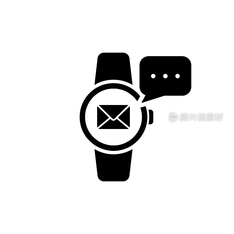 智能手表剪影图标信息。Smartwatch通知象形图。通讯邮件信封黑色图标追踪现代运动小工具。孤立的矢量图