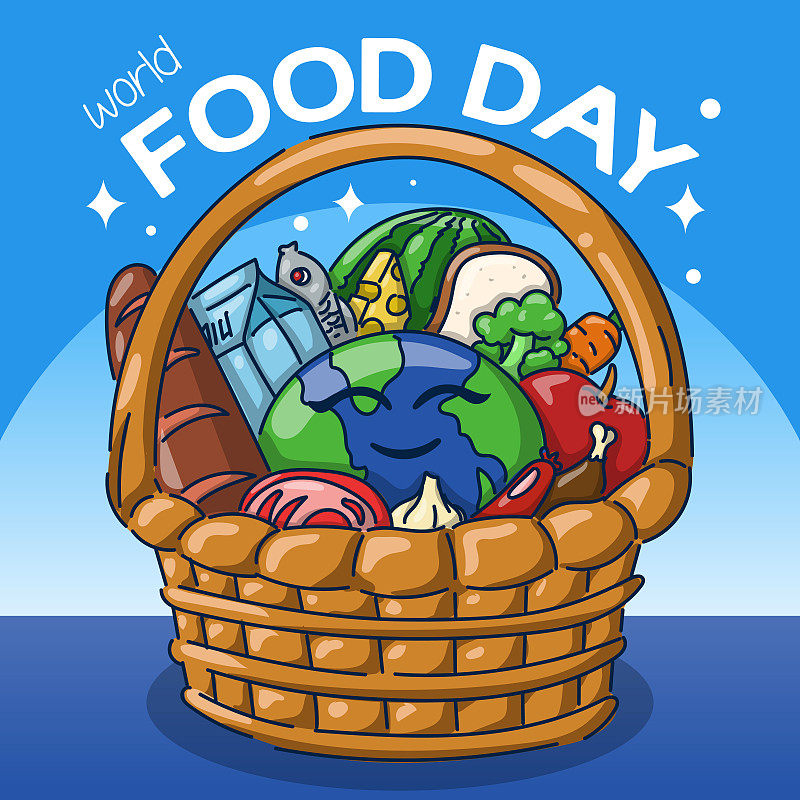 手绘世界粮食日。环球食品公司在篮子里