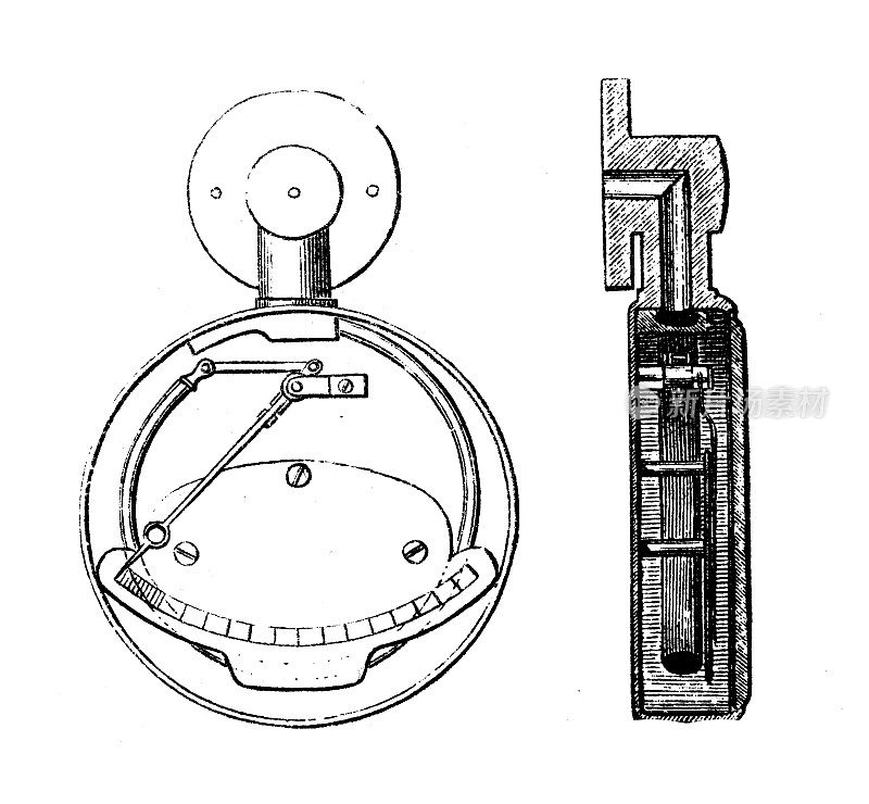 古董插图，应用力学:蒸汽动力机器，压力计