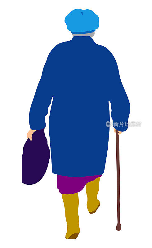 带着拐杖和袋子走在户外的老年妇女剪影矢量图