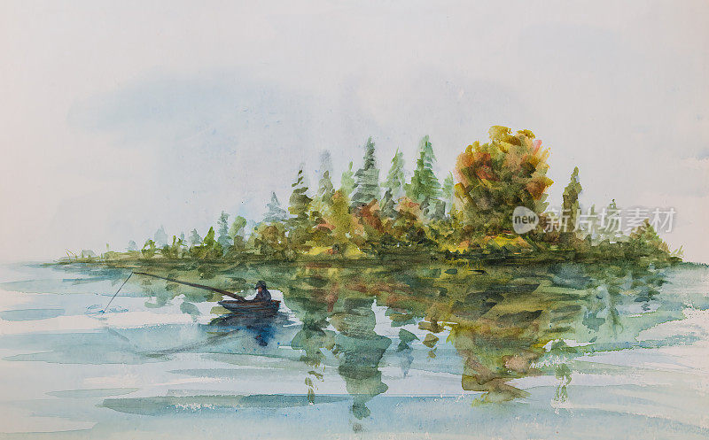 渔船上的渔夫漂浮在秋日五彩缤纷的树叶岛和天空的倒影水面上。手画水彩艺术画