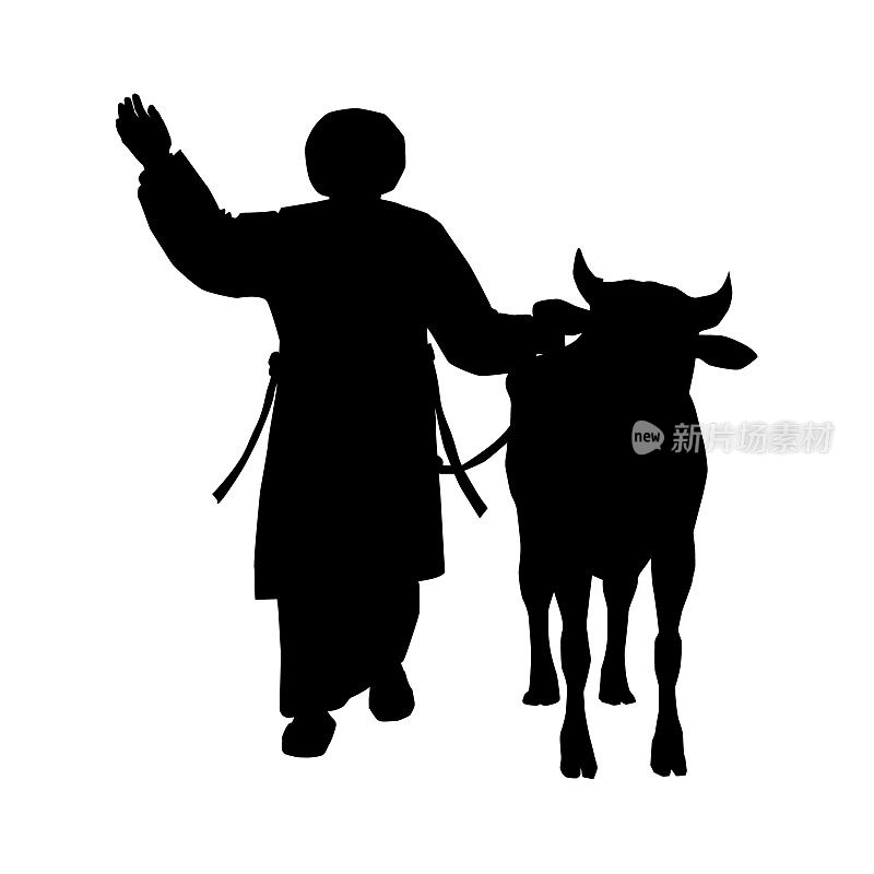 一个朝圣者的黑色剪影，带着一头公牛。一个穿着耶路撒冷圣殿时期典型服装的犹太历史人物。
向量