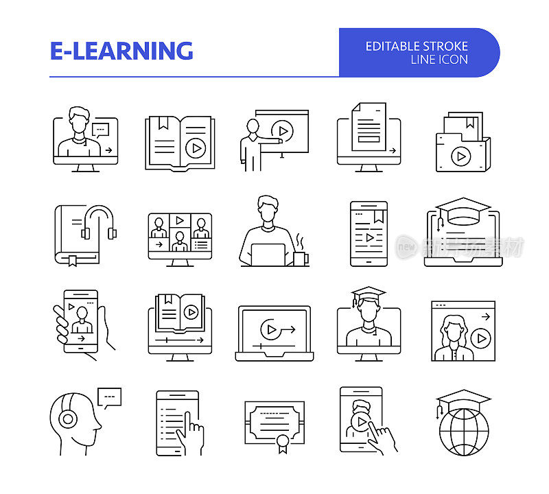 E-Learning相关线向量图标集。可编辑的中风。在线教学，互联网，无线技术，全球教育。