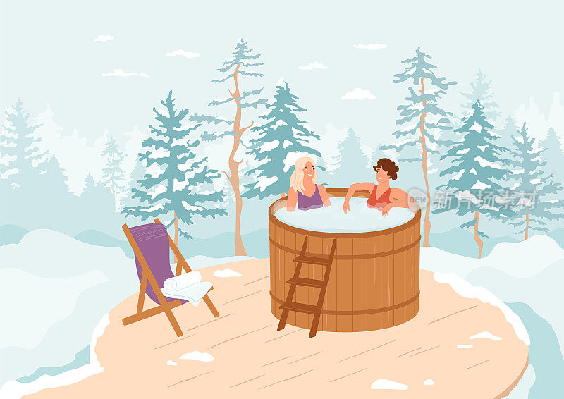 冬季森林里的热水浴缸里的女性。休闲健康周末。