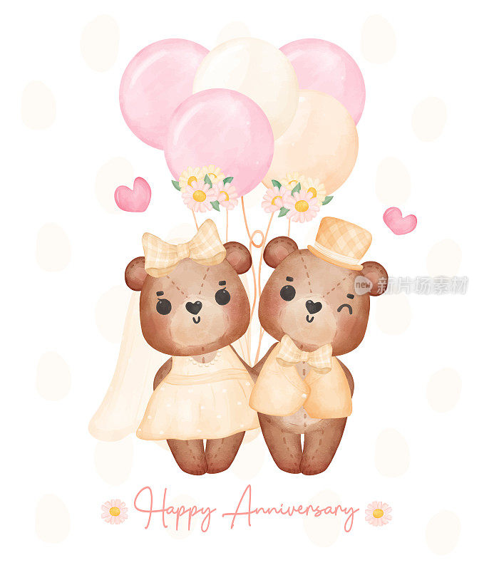 水彩画可爱的两对新婚夫妇棕色泰迪熊在婚礼新郎新娘手牵着手，情人节卡通人物手绘插图矢量