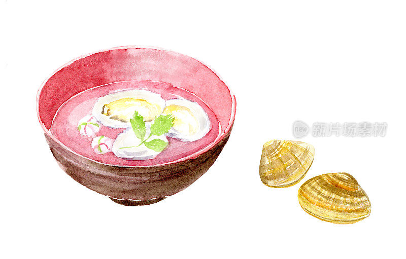 日本硬蛤汤水彩插图
