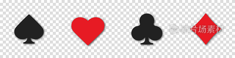 集合赌博标志符号的扑克牌套装和筹码为扑克和赌场。红心，梅花，方块和黑桃在一个孤立的透明背景。