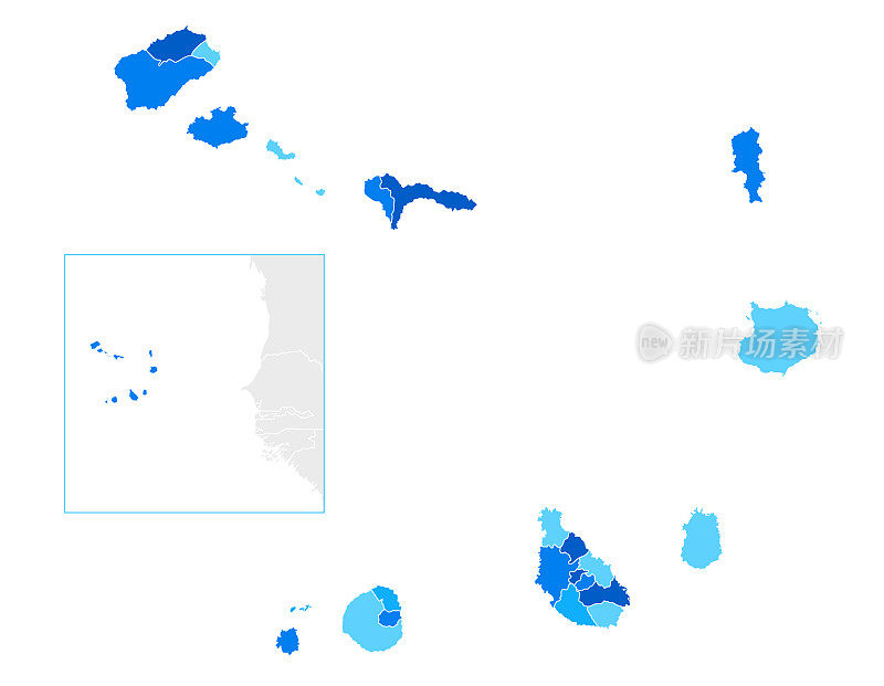 高度详细的佛得角蓝色地图与区域和国家边界