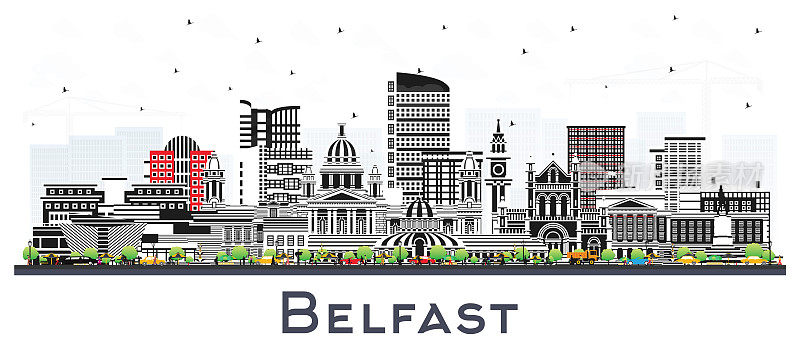 贝尔法斯特北爱尔兰城市天际线与彩色建筑孤立在白色。矢量插图。贝尔法斯特城市景观与地标。