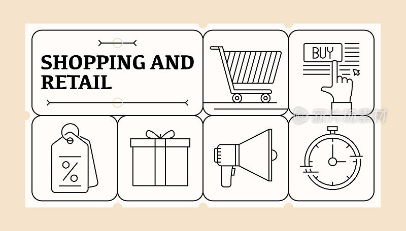 购物和零售线图标集和横幅设计