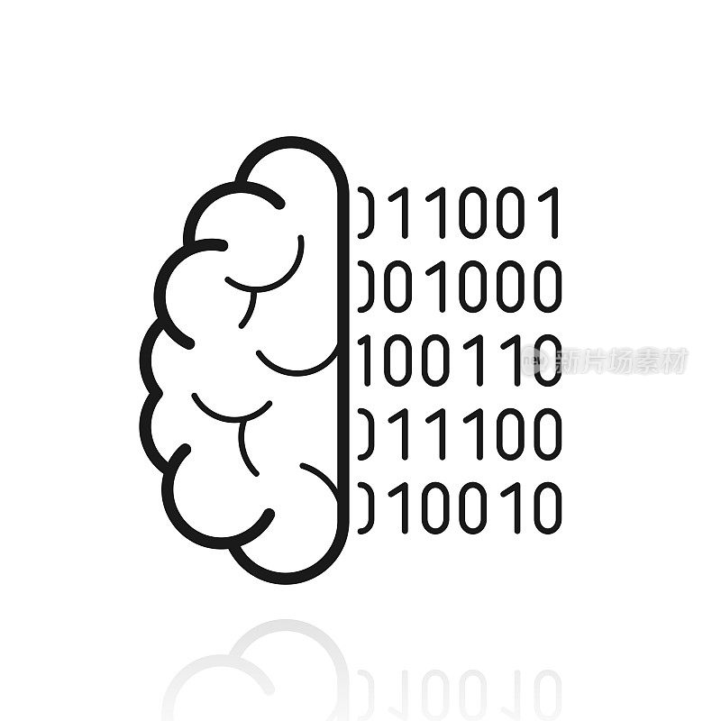 大脑与二进制代码。白色背景上反射的图标