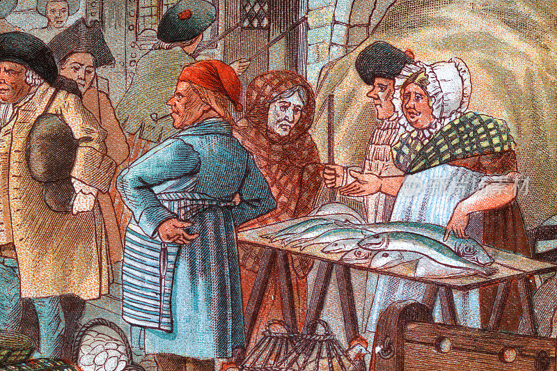 18世纪苏格兰风格的鱼贩子在市场上卖新鲜的鱼