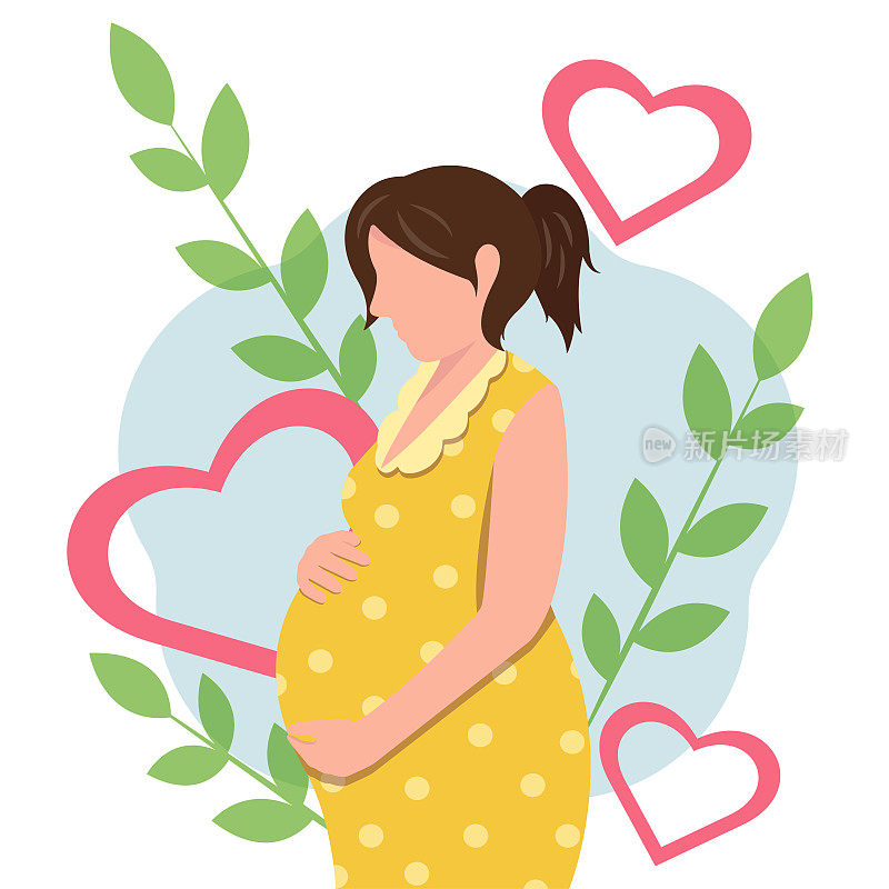 快乐的怀孕和等待过程。一个穿着黄色裙子的孕妇。怀孕和做母亲。平面风格的矢量插图。怀孕的女孩抱着她的肚子。孕期保健。