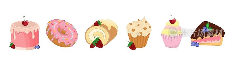 一套以甜点为特色的图标，如蛋糕、纸杯蛋糕、甜面包卷和糕点。矢量图