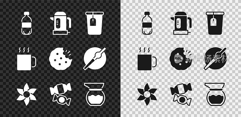 集瓶装水，电水壶，杯与茶包，花，糖果，茶壶，饼干或饼干图标。向量